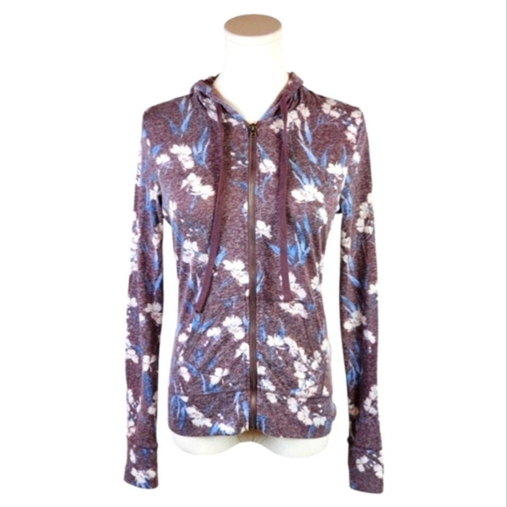 Aeropostale Floral Zip Hoodie M Brown Blue Lightweight Sweatshirt Casual Soft
